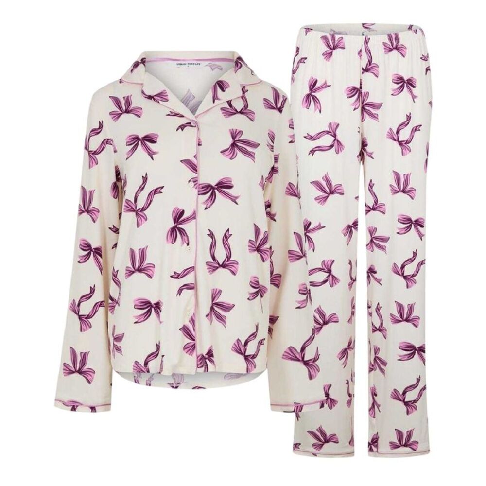 Urban Threads Womens/Ladies Bow Long Pyjama Set / White/Purple